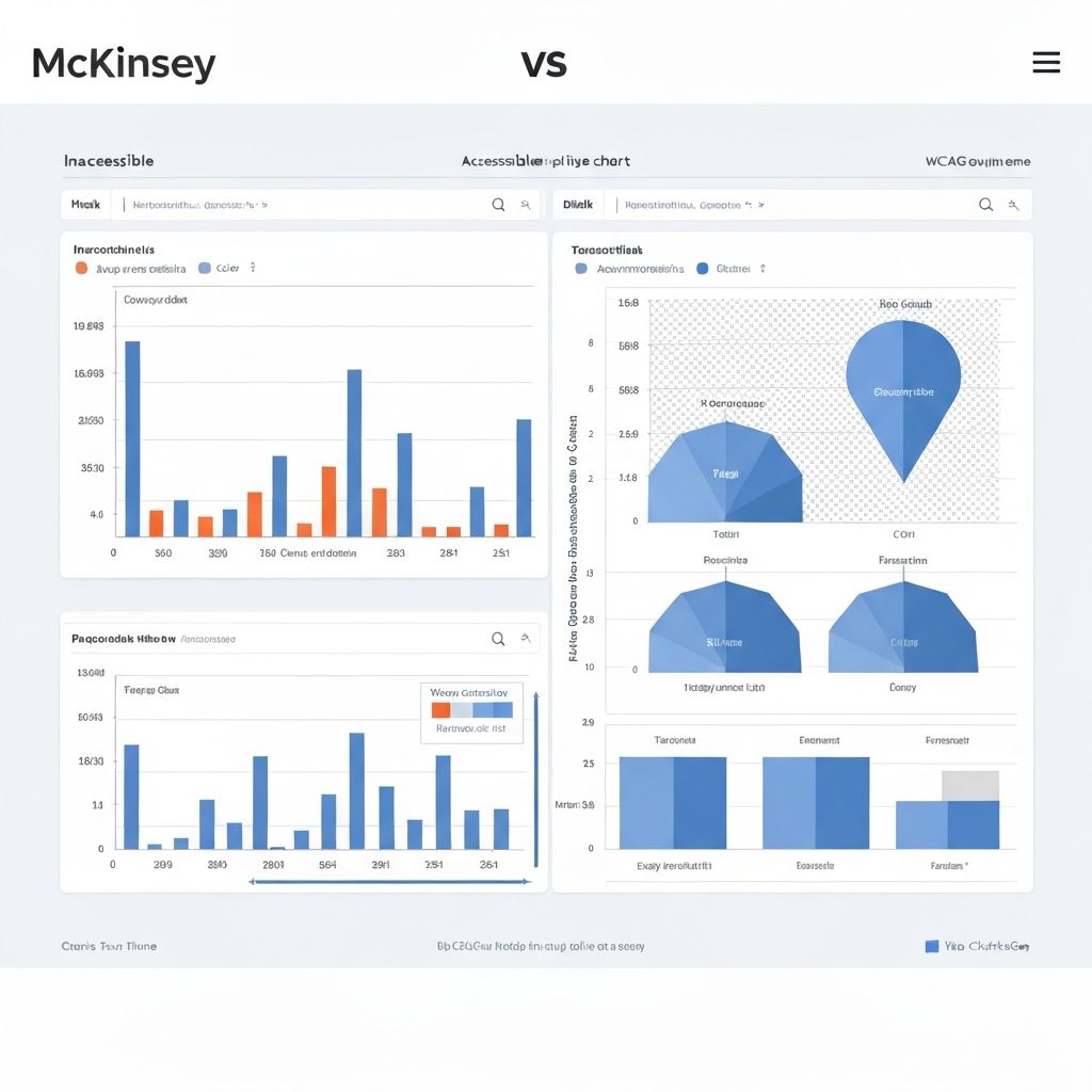 Side-by-side comparison of inaccessible vs accessible chart designs showing color-blind friendly palettes, pattern fills, and clear labels using ChartGen blue and McKinsey professional colors