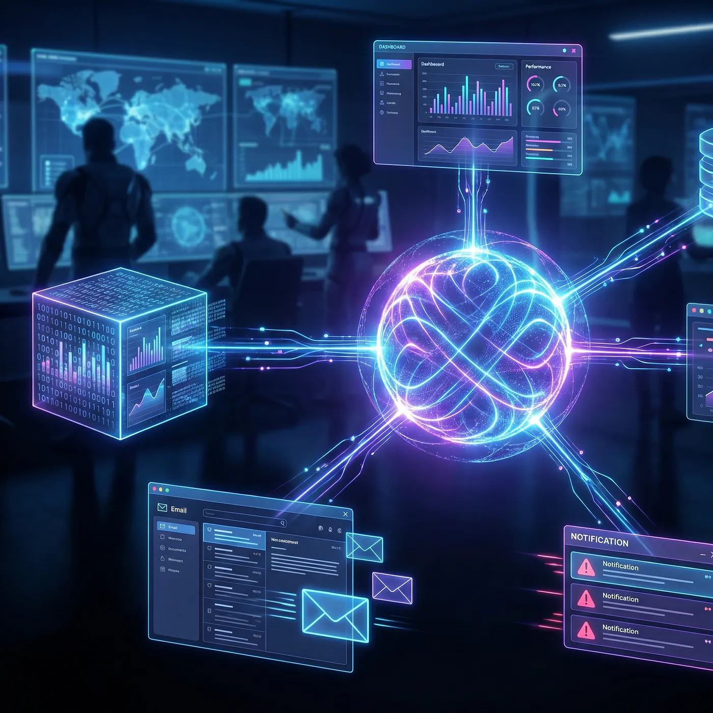 Futuristic command center with a glowing AI core connected to dashboards, email, and notification panels