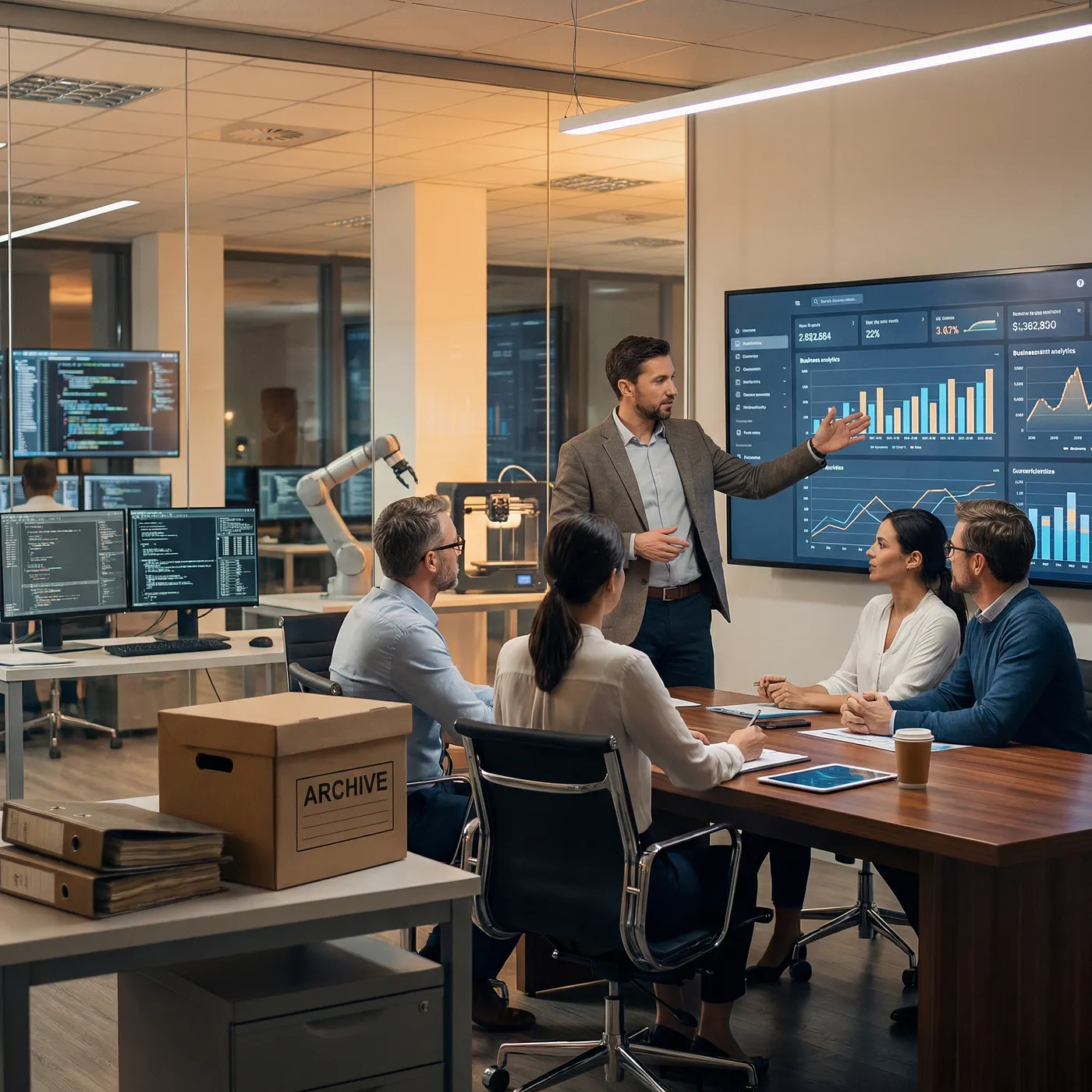 Conference room with a presenter pointing at a wall-sized analytics dashboard