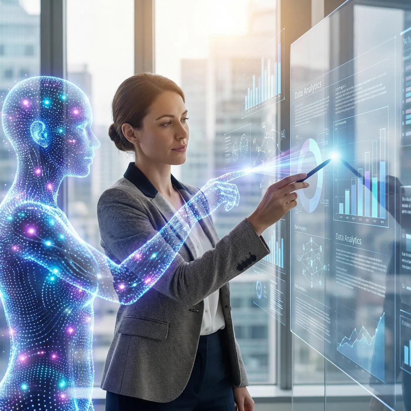 Professional and holographic AI figure both pointing at a shared data analytics display