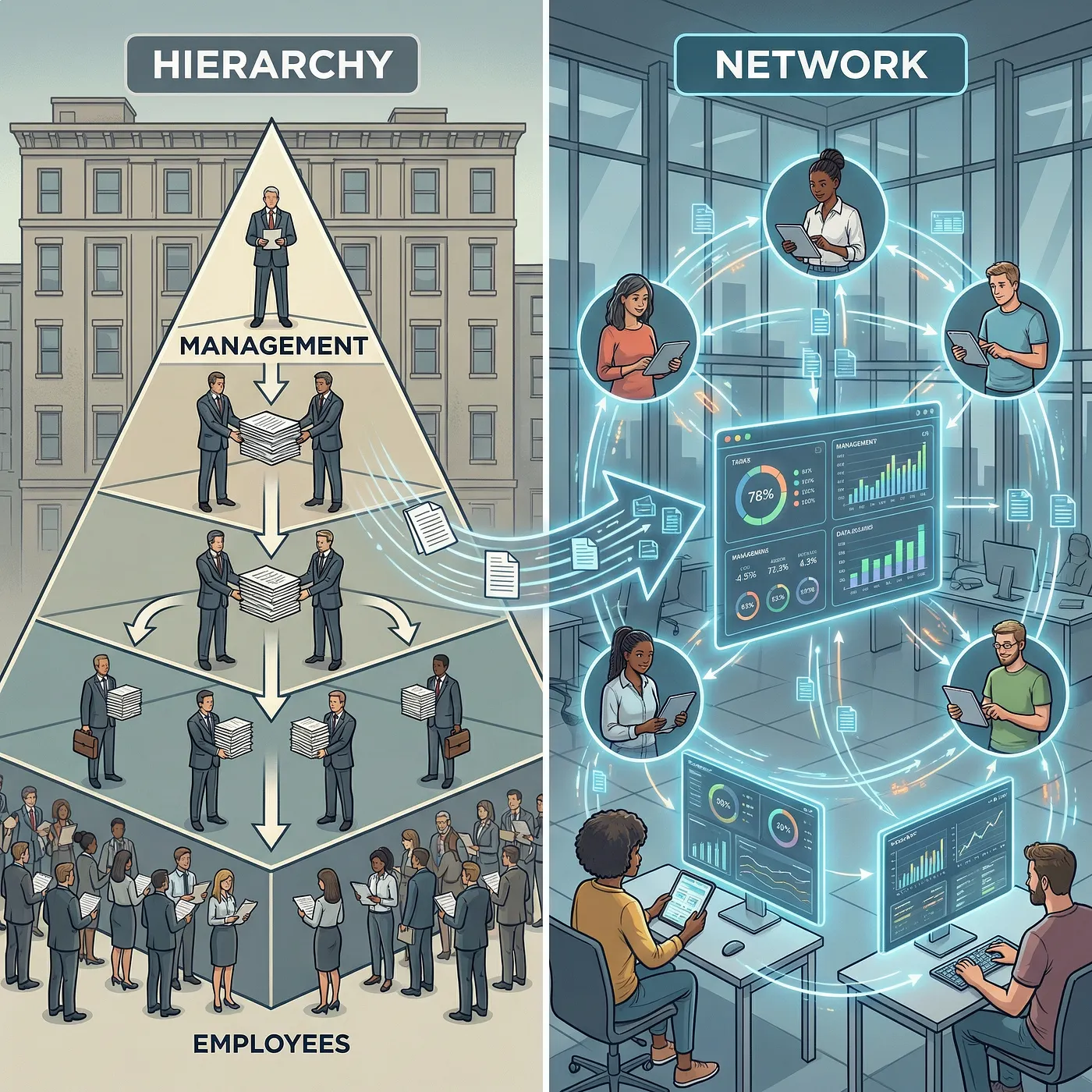 Split illustration: rigid corporate hierarchy versus networked team with a shared live dashboard
