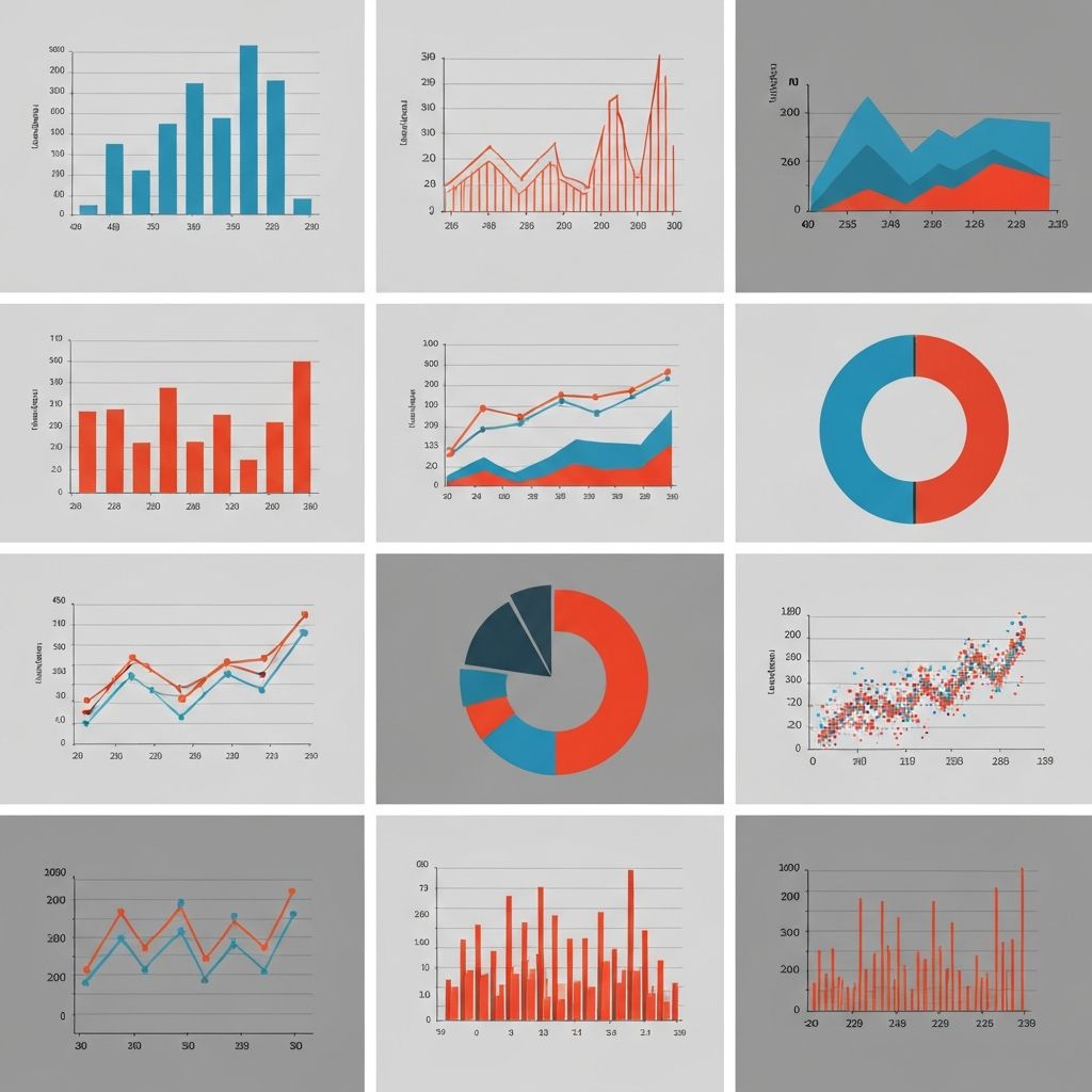 Visual guide showing different chart types including line charts, bar charts, pie charts, and scatter plots with data examples
