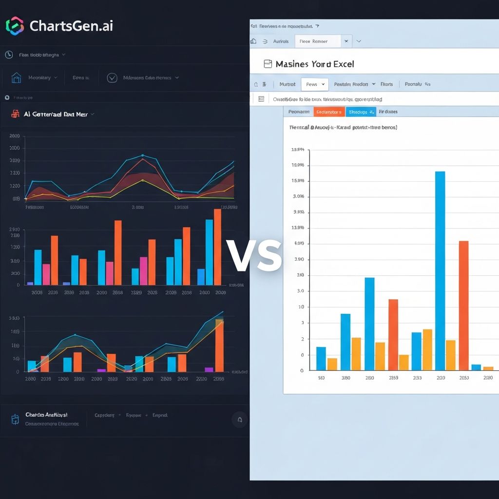 Side-by-side comparison of ChartGen.ai AI-powered charts versus traditional Excel charts showing superior design quality and automated insights