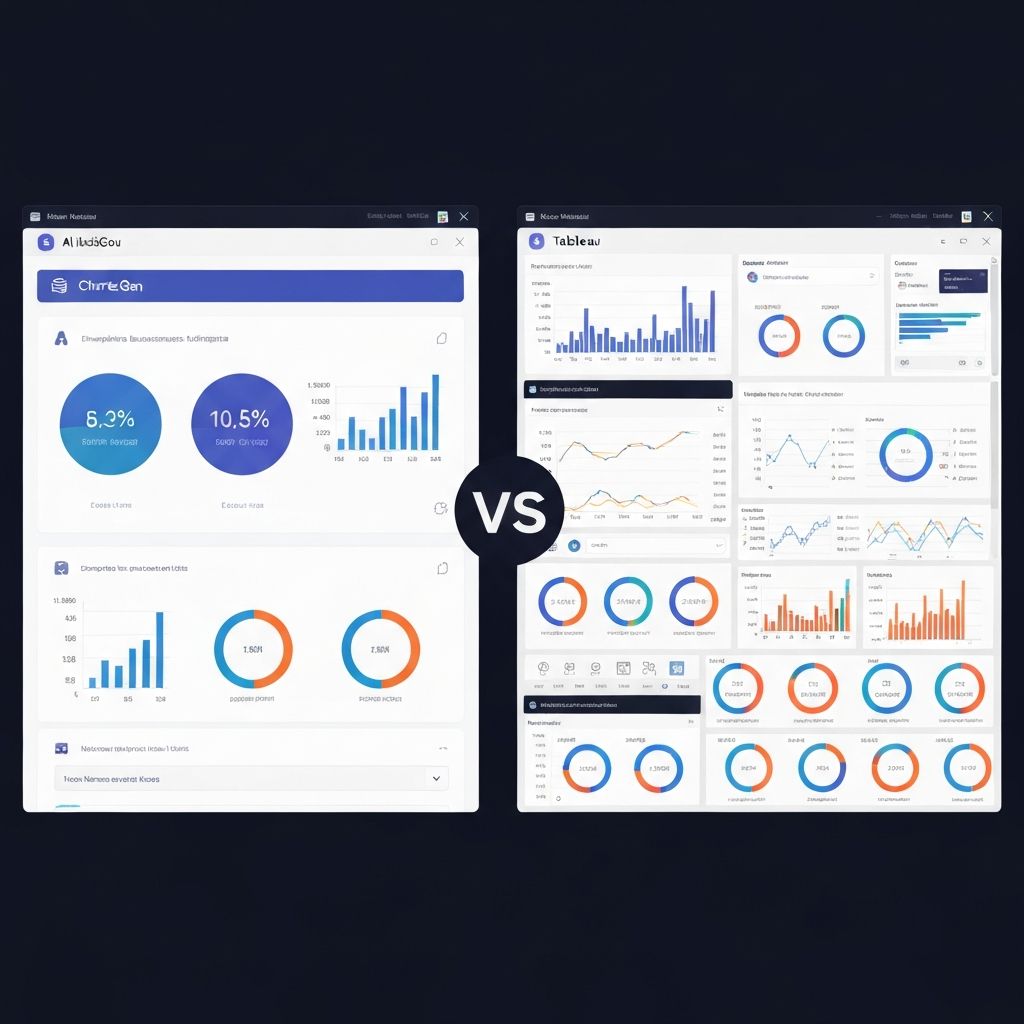 Enterprise data visualization tools comparison showing ChartGen.ai's AI-powered approach versus Tableau's traditional business intelligence platform interface