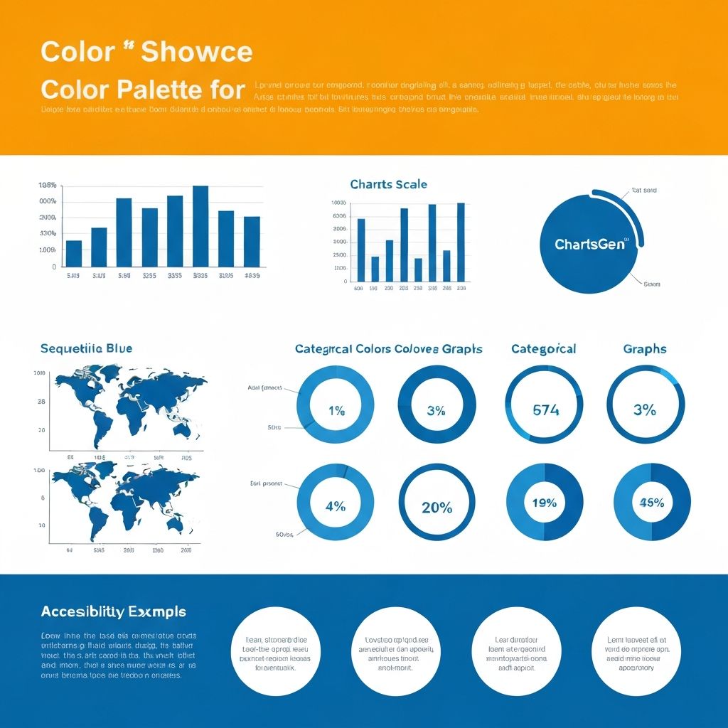 Color psychology demonstration in data visualization showing various color palettes, sequential scales, and accessibility considerations with ChartGen's blue as the primary example for professional analytics