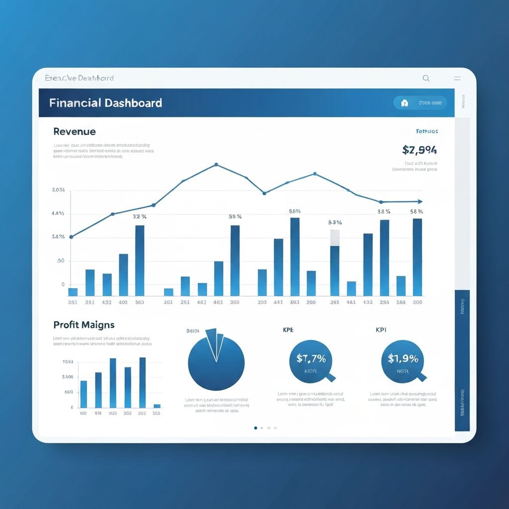 Professional financial charts dashboard showing revenue waterfall, cash flow trends, and KPI metrics for executive reporting