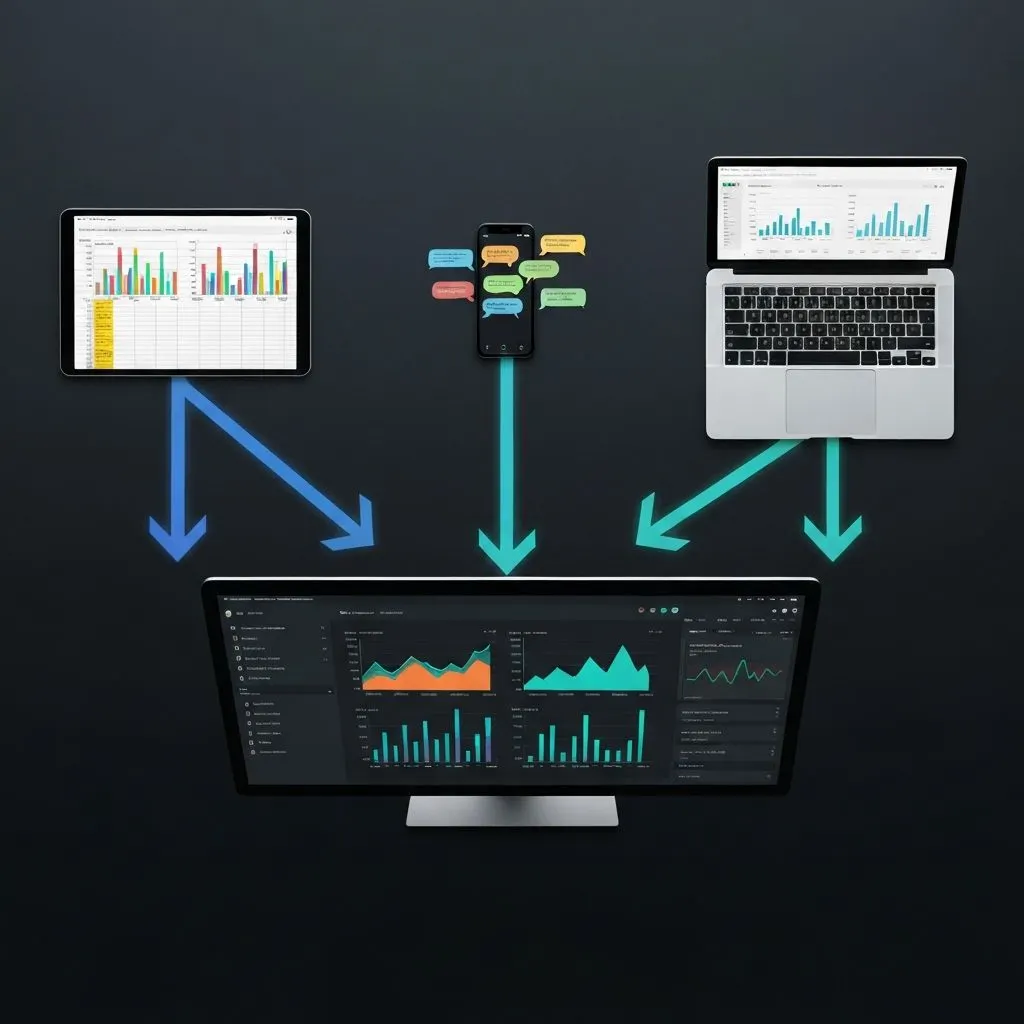 Tablet, Telefon und Laptop, die ein zentrales KI-Analyse-Dashboard speisen