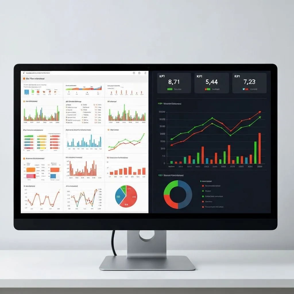 Monitor nebeneinander: dichtes operatives Raster vs. ruhiges Executive-Dashboard mit KPIs und Fokusdiagrammen