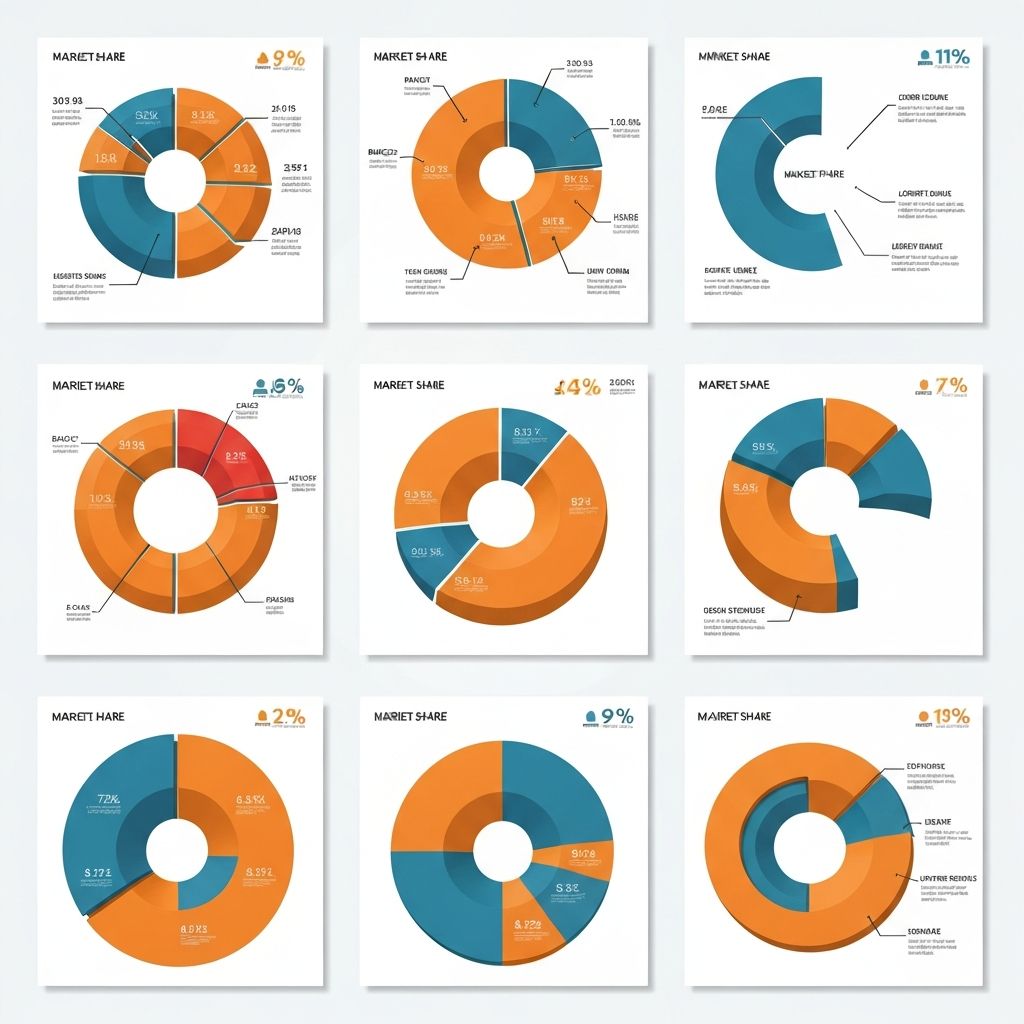 Collection of well-designed pie charts and donut charts demonstrating best practices for part-to-whole data visualization with proper labeling and color usage