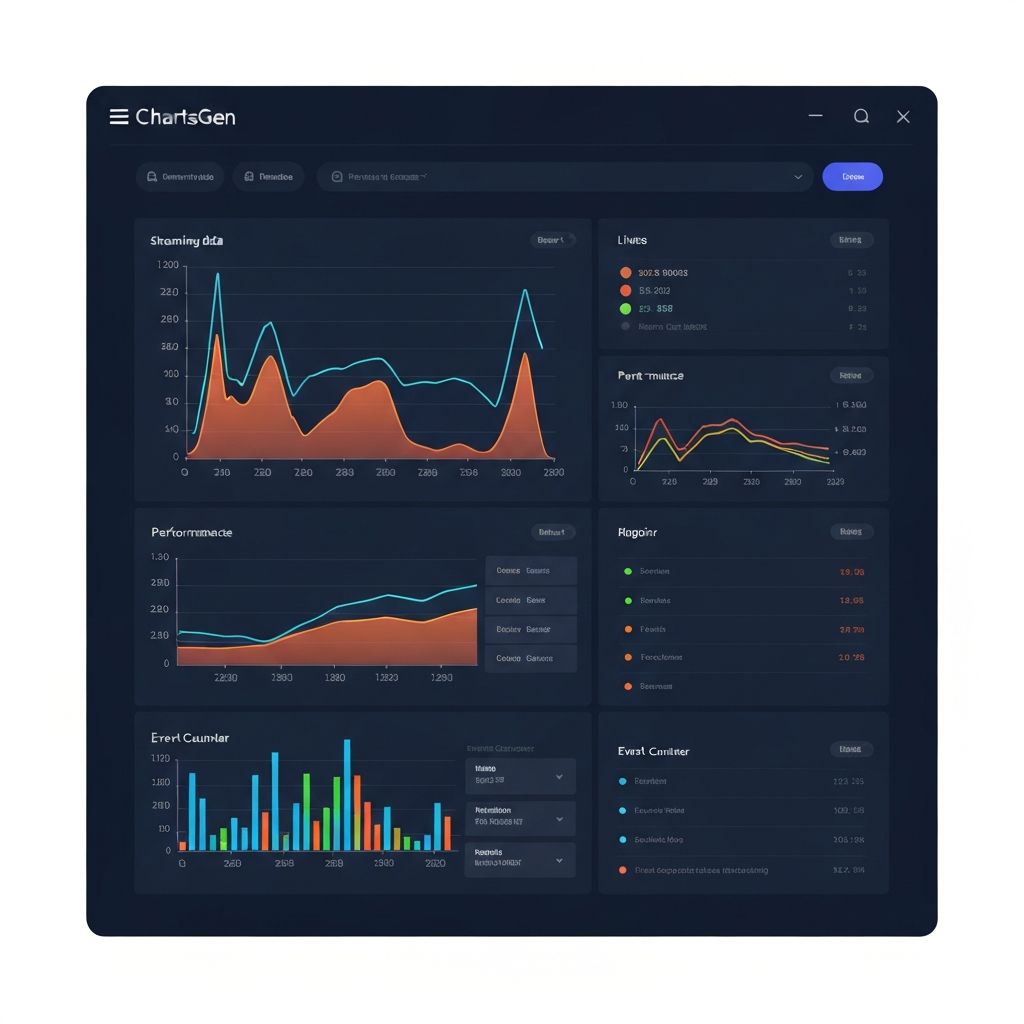 Real-time data visualization dashboard showing streaming metrics with live updates, performance indicators, and data flow in ChartGen's professional blue palette for high-frequency monitoring