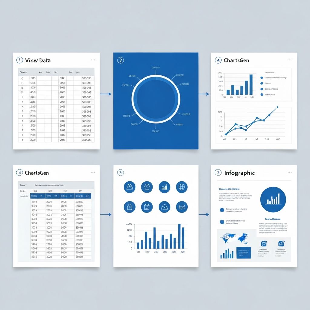 Transformation workflow from Excel spreadsheet data to polished infographic with icons, charts, and visual hierarchy using ChartGen blue theme and professional McKinsey layout design