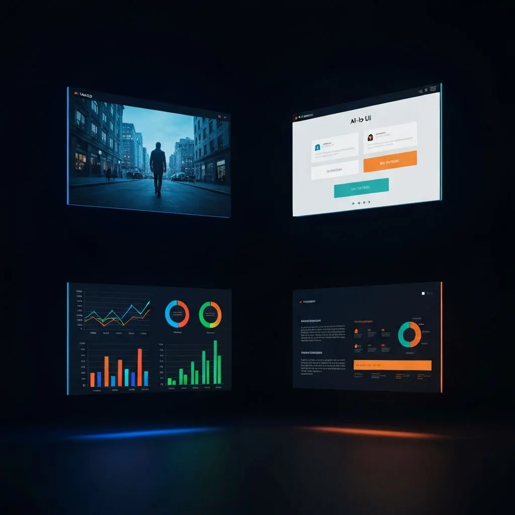 Quattro categorie di output AI visivo: video, interfacce, grafici e dashboard
