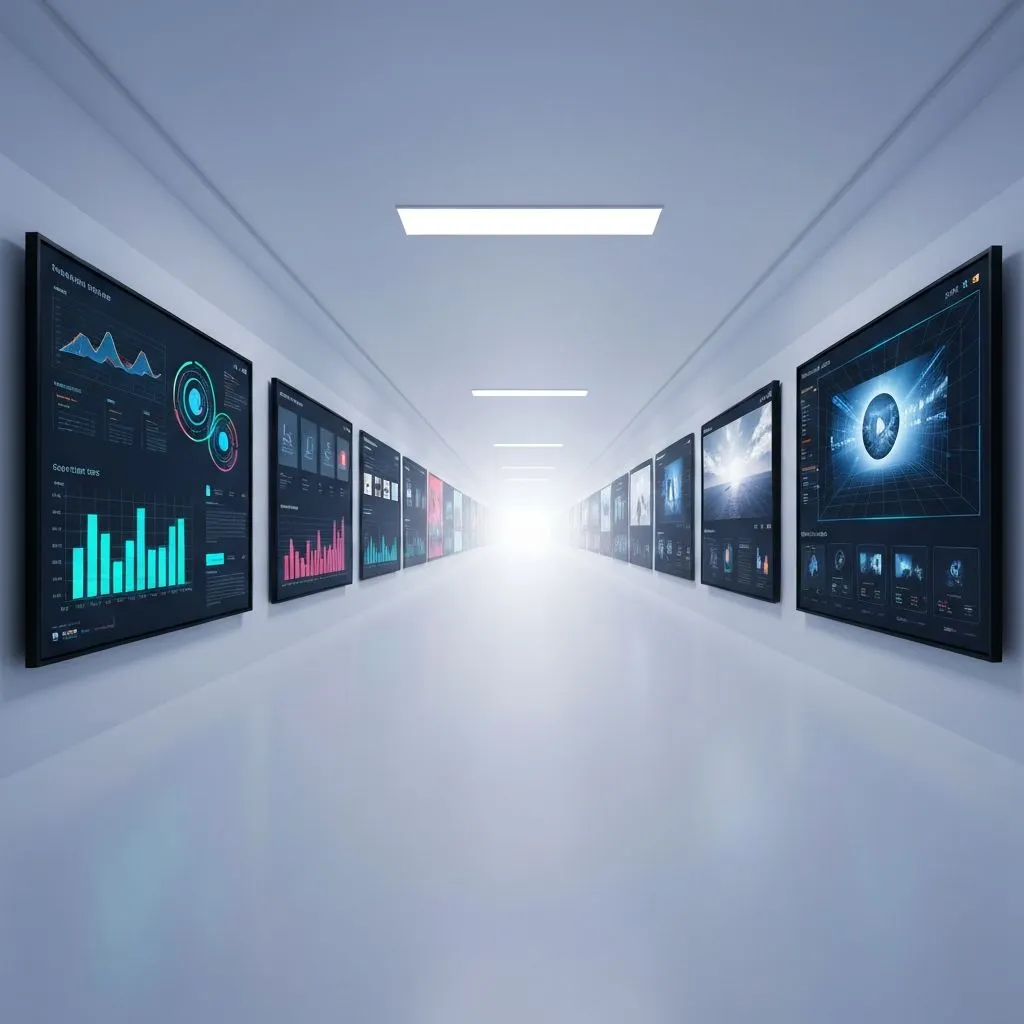 Corridoio futuristico fiancheggiato da dashboard e media — ambienti AI visivi