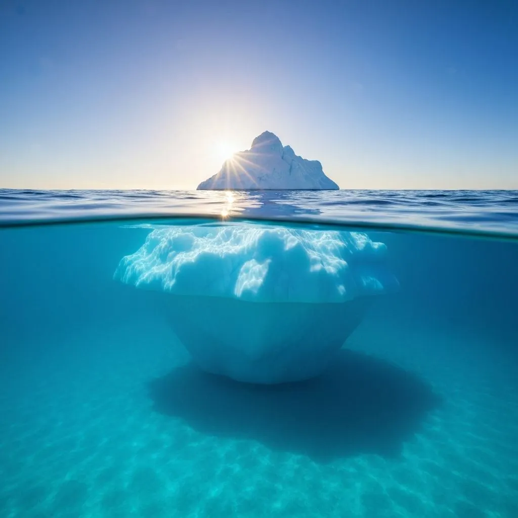 Metafora dell'iceberg: output AI visibile rispetto a rendering profondo e pipeline sottostanti