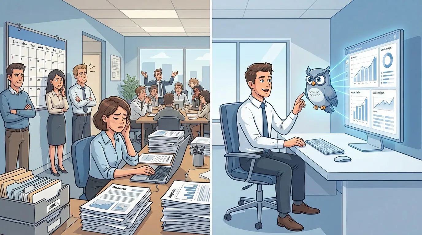 Geteilte Illustration: links chaotisches manuelles Reporting unter Stress; rechts ruhiger KI-gestützter Arbeitsplatz mit einer holografischen Eule und einem klaren Insights-Dashboard