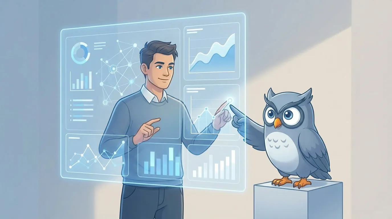 Menschlicher Analyst und KI-Eulen-Assistent zeigen beide auf denselben Bereich eines gemeinsamen holografischen Dashboards mit Diagrammen