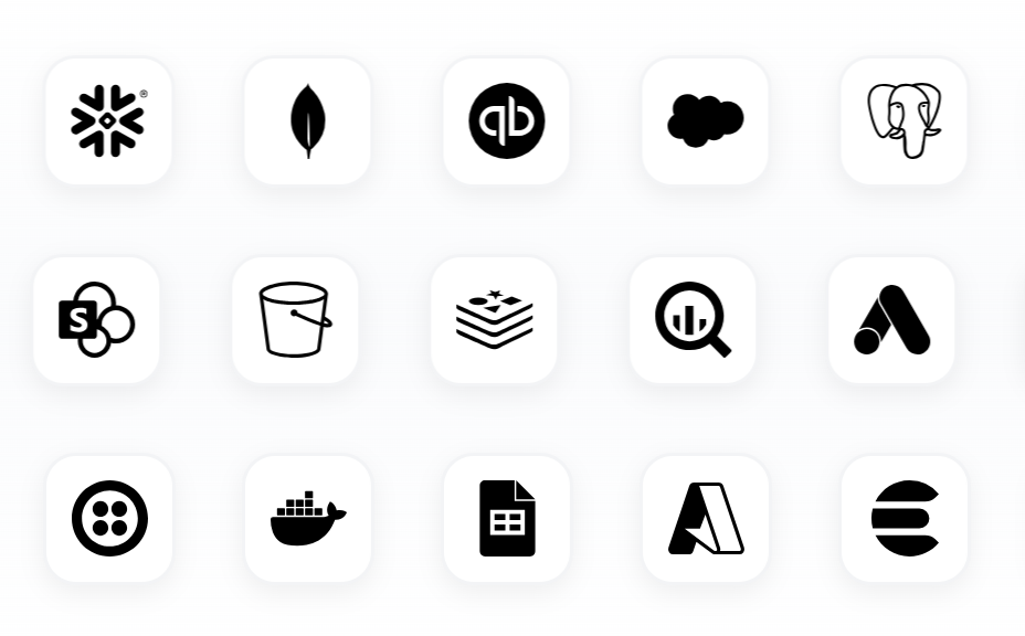 Unified data sources including Snowflake, MongoDB, QuickBooks, Salesforce, PostgreSQL, SharePoint, AWS S3, Analytics tools, and more